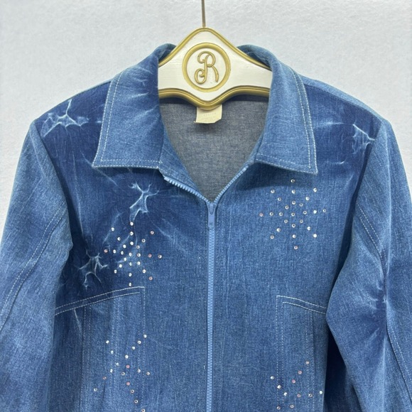 Vintage 90s Highlights Women's Denim Jacket Medium Rhinestone Sparkle Stars - Picture 3 of 9